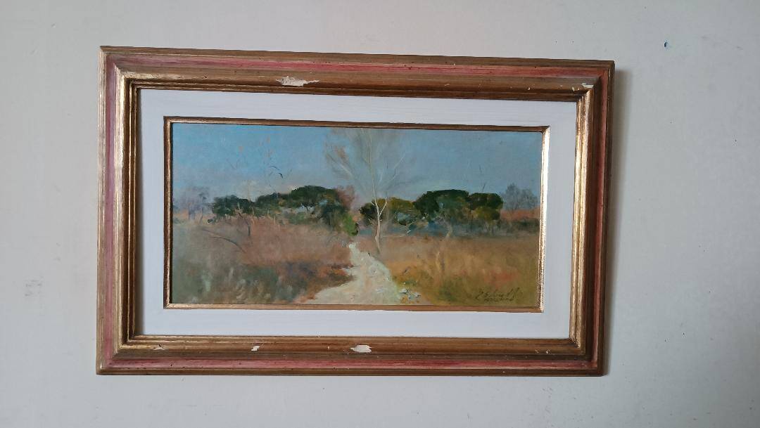 Peinture à l'huile paysage en carton maremme Bruno Loretti (Livourne 1940)