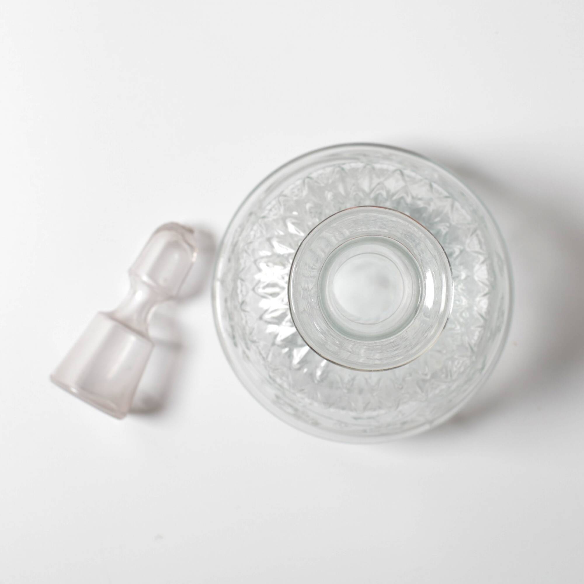 Clear Pressed Glass Floral Patterned Wine Bottle with Stopper / Italy /1930