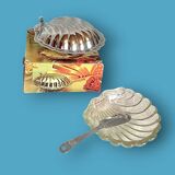 Vintage stainless steel and glass shell butter dish with knife - in its box