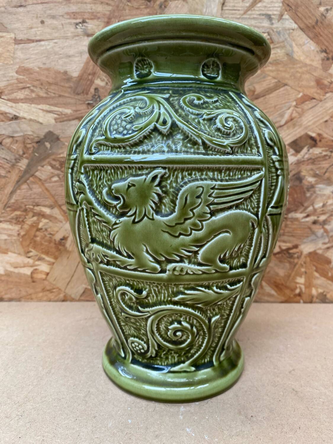 Antique ironstone vase green ceramic relief decor made in england vintage