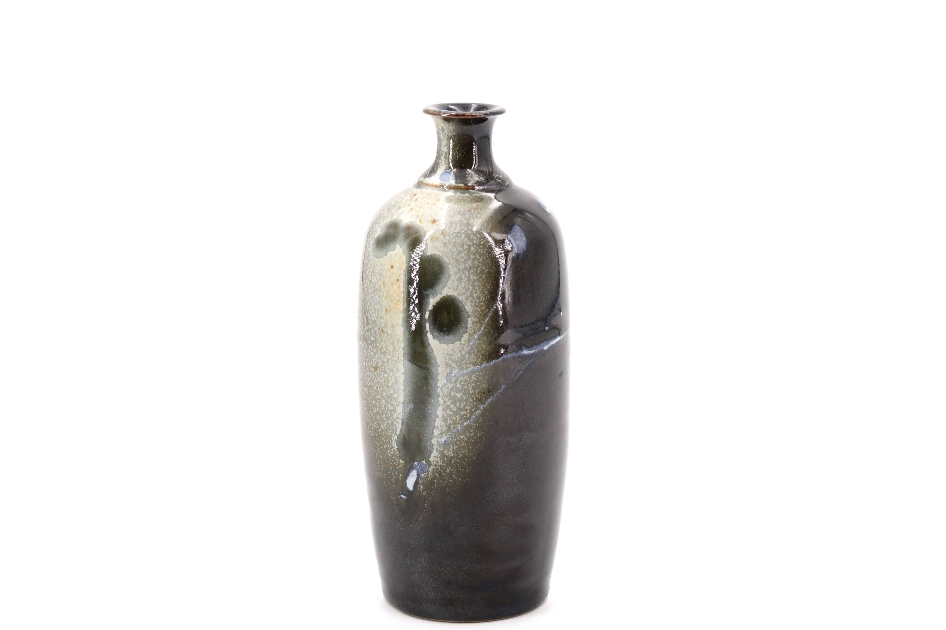 Black bottle vase signed in ceramic, abstract decoration