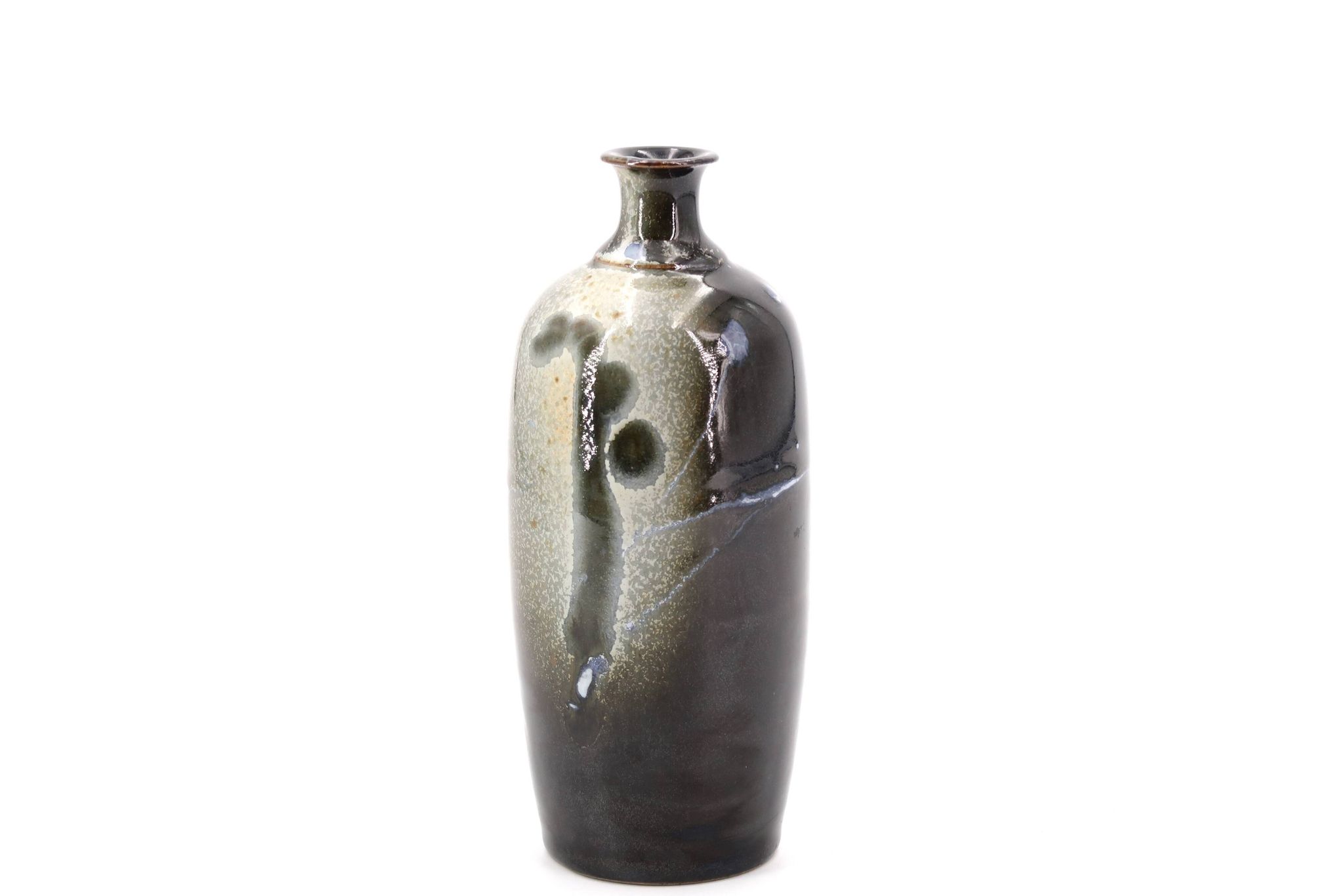 Vase bouteille noir signé en céramique, décor abstrait