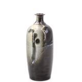 Signed black bottle vase in ceramic, abstract decor