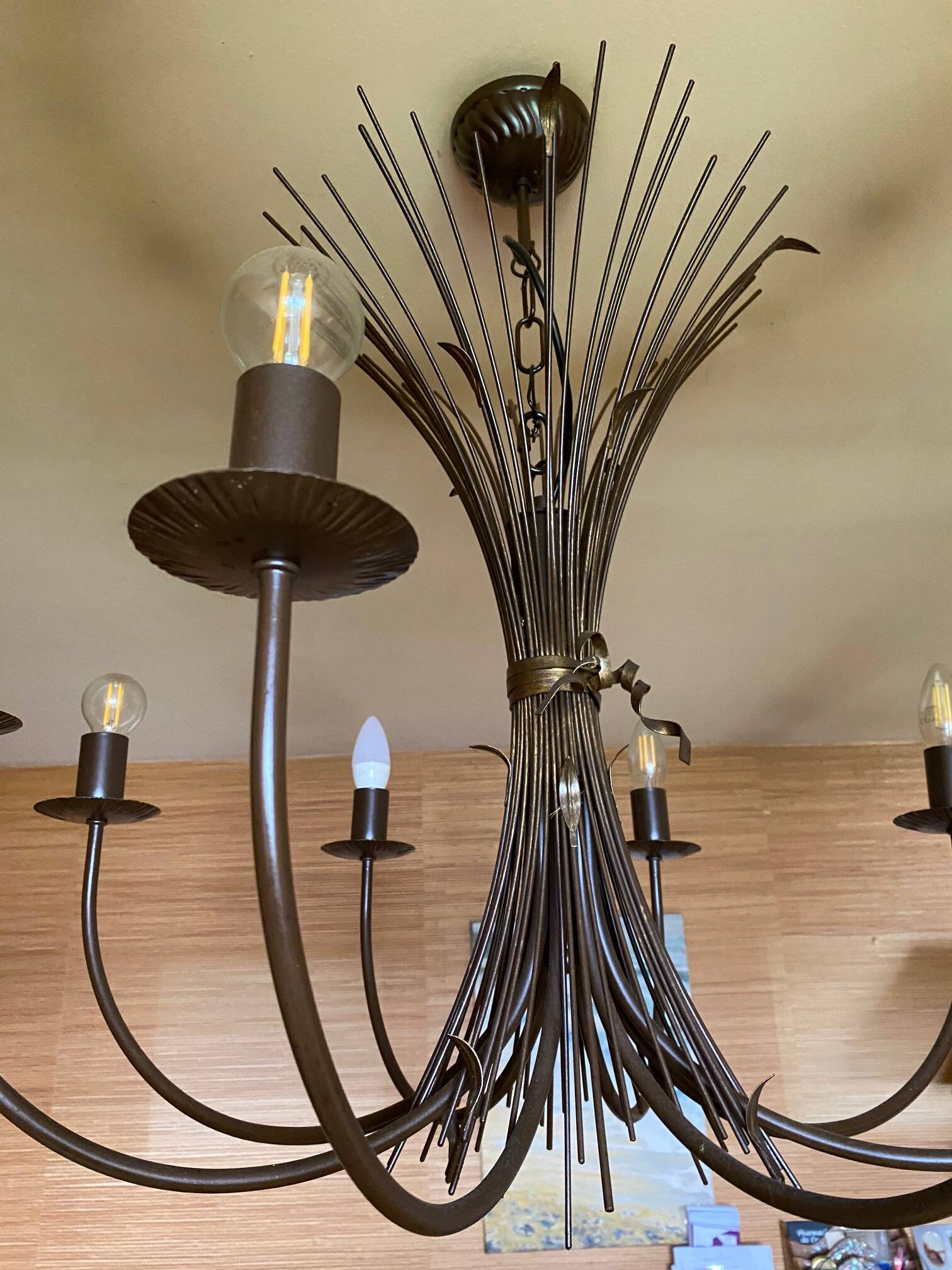 Grand lustre gerbe de ble en fer forge 8 feux