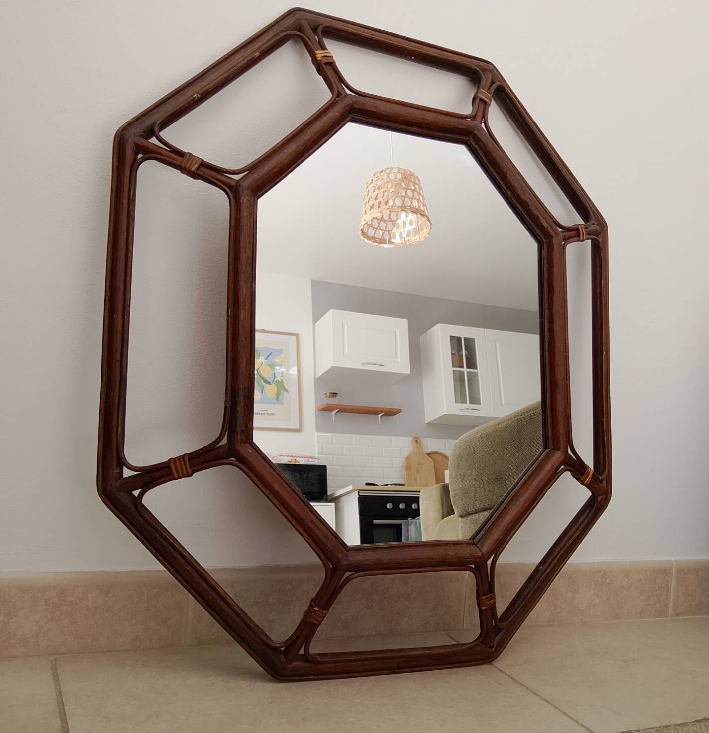 Vintage Italian mirror bamboo and rattan Riviera bohemian chic 1970s