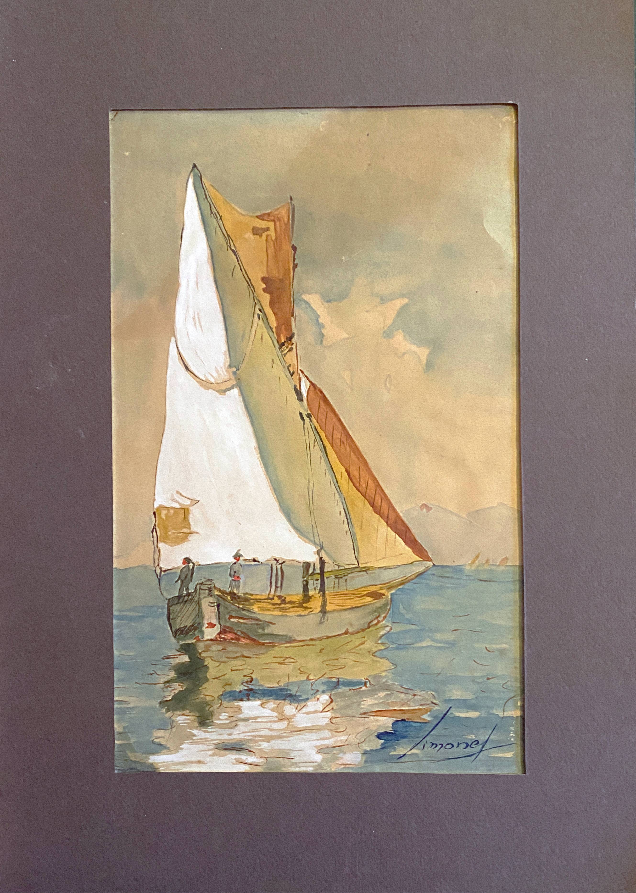 Old watercolor painting "Sailboat sailing" signed Simonet