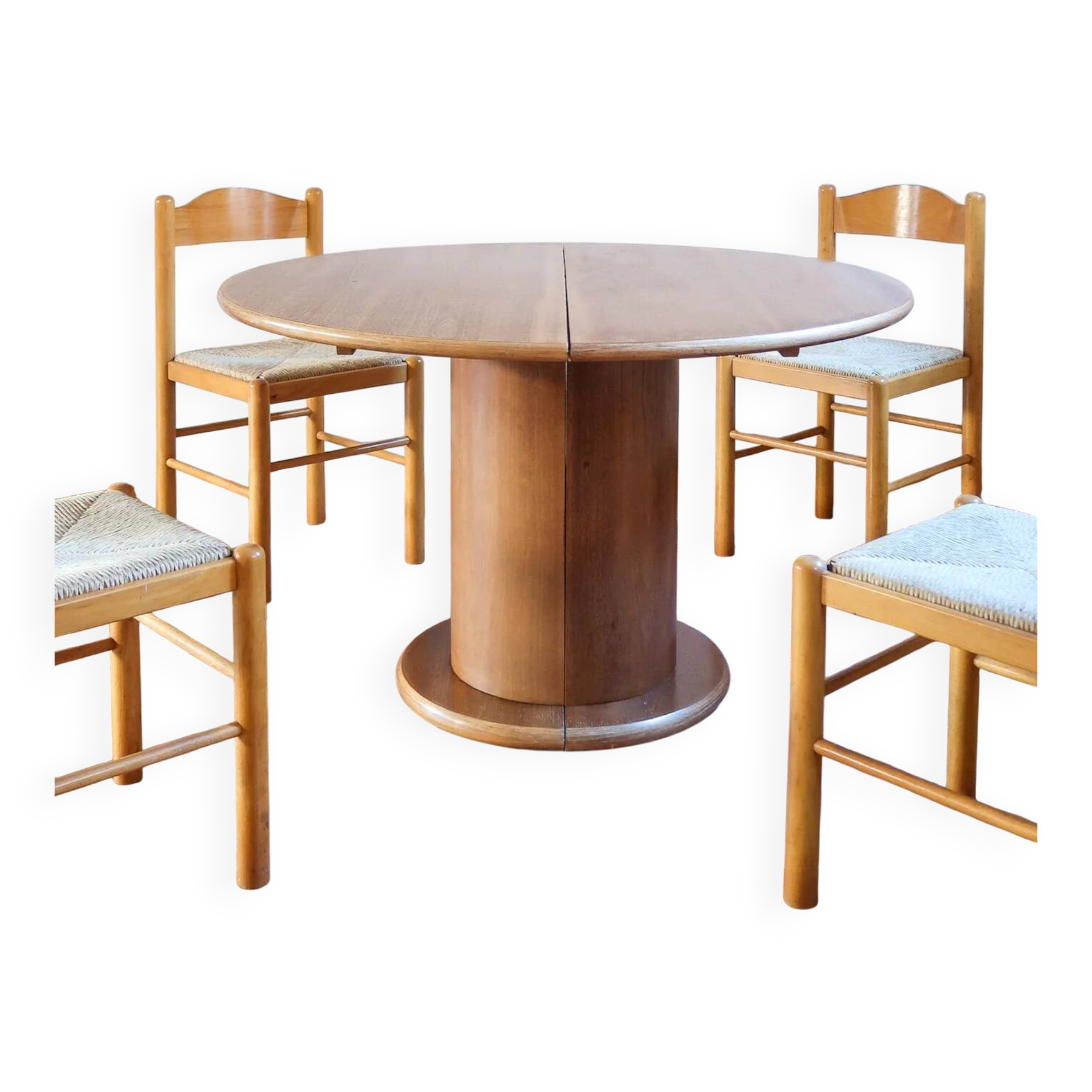 Round table with a central pedestal, light wood, 1990s.