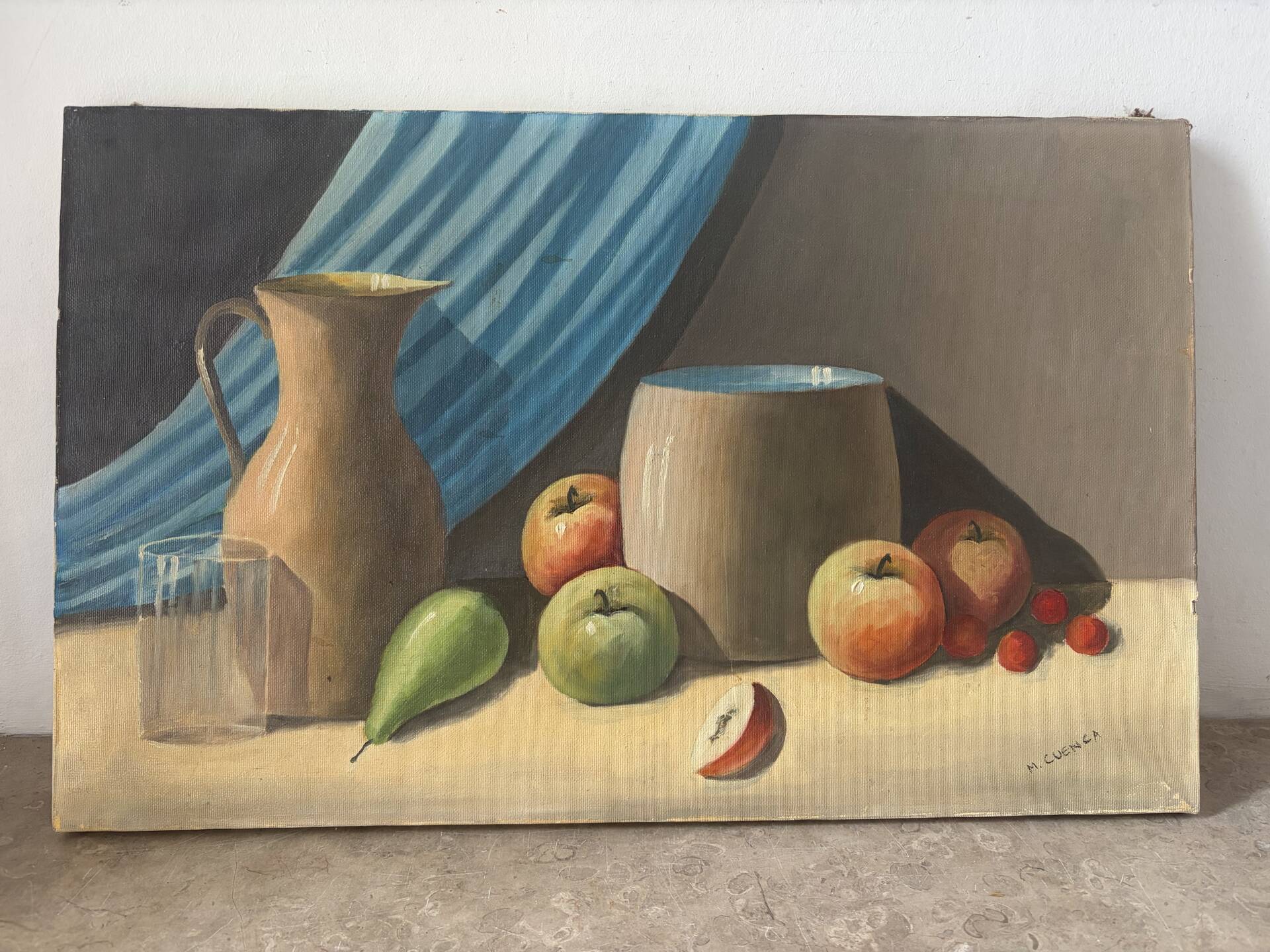 Still life with blue veil, oil on canvas signed