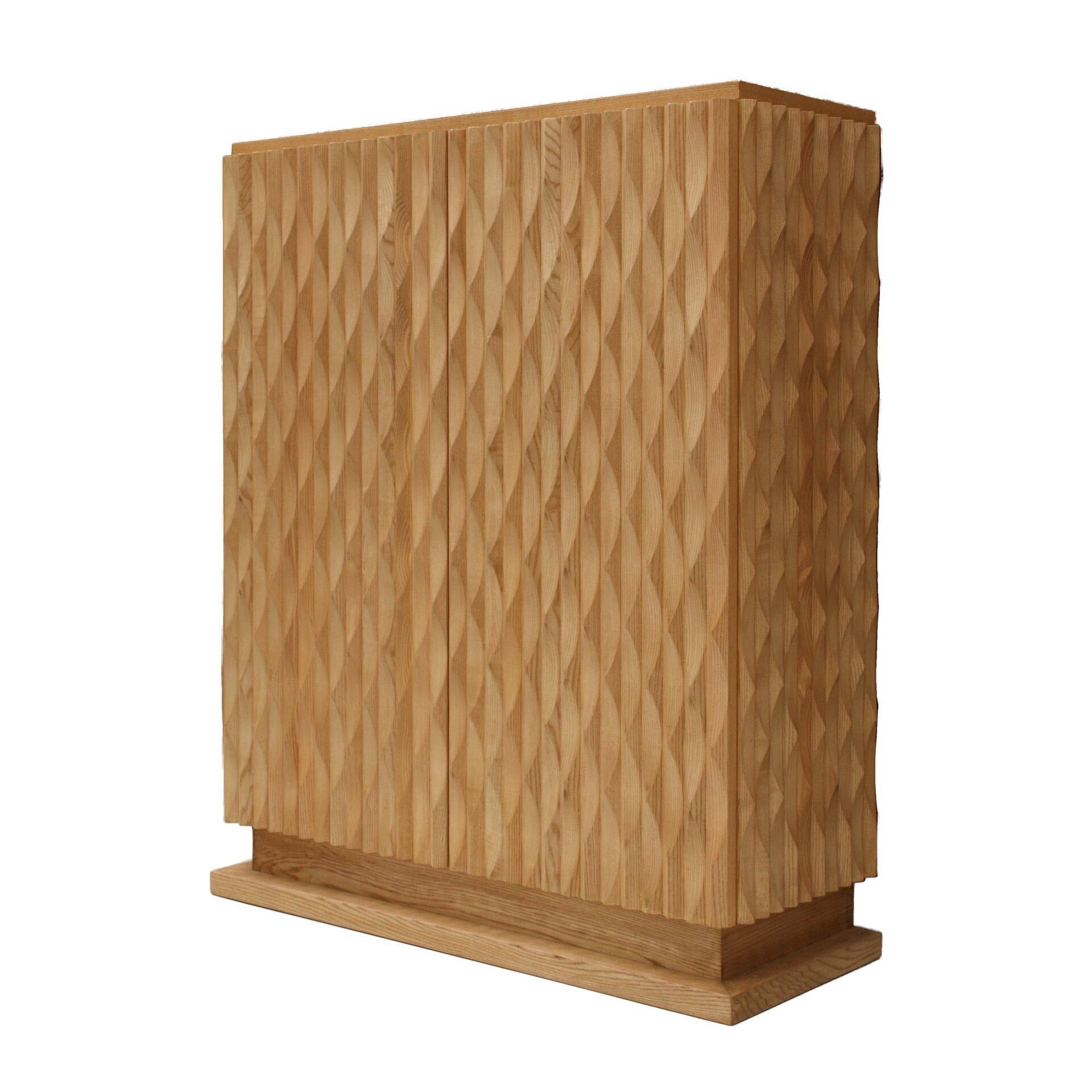 Brutalist Style Hand-carved Solid Oak Wood and Glass Mirror Italian Bar Cabinet