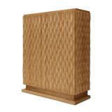 Brutalist Style Hand-carved Solid Oak Wood and Glass Mirror Italian Bar Cabinet