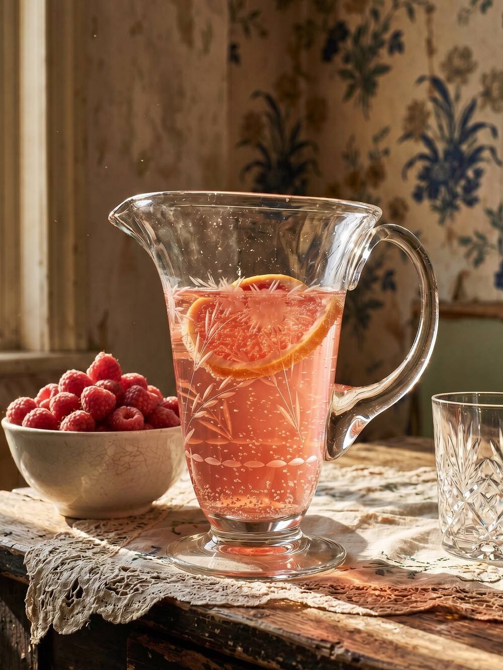 Antique glass pitcher with wheel engraving and floral decoration, Bohemia, early 20th century.
