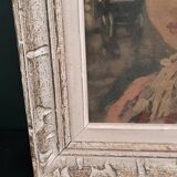 Old painting portrait of a woman with a flowered hat