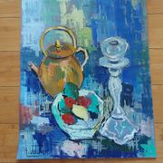 Tableau , gouache , cruche , lampe de dentellière , Provence