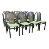 Set of 12 Baumann Argos bistro chairs in wood and green fabric from the 80s France