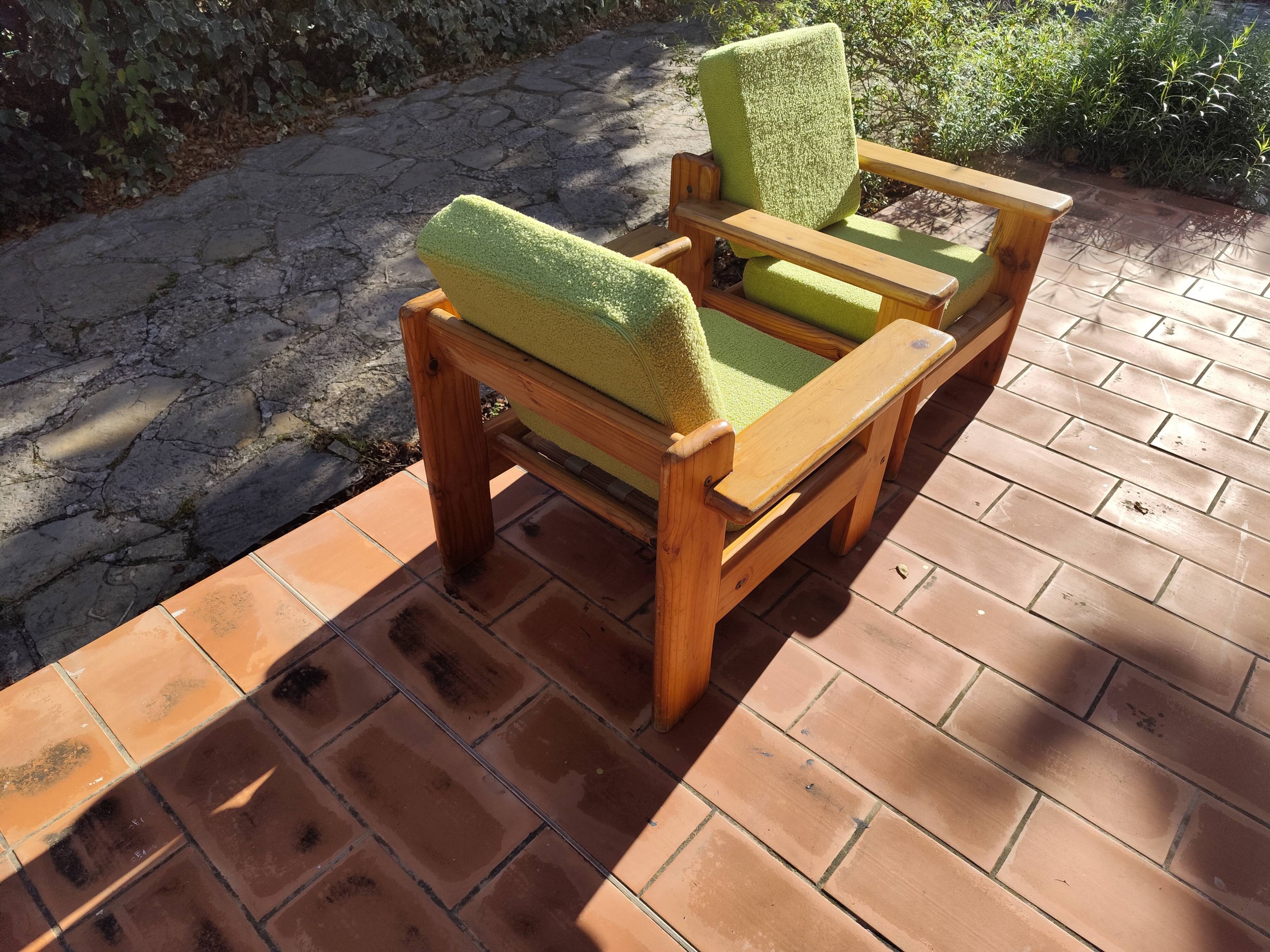 Pair of vintage brutalist lounge chairs in solid pine, 1980s DLG Regain