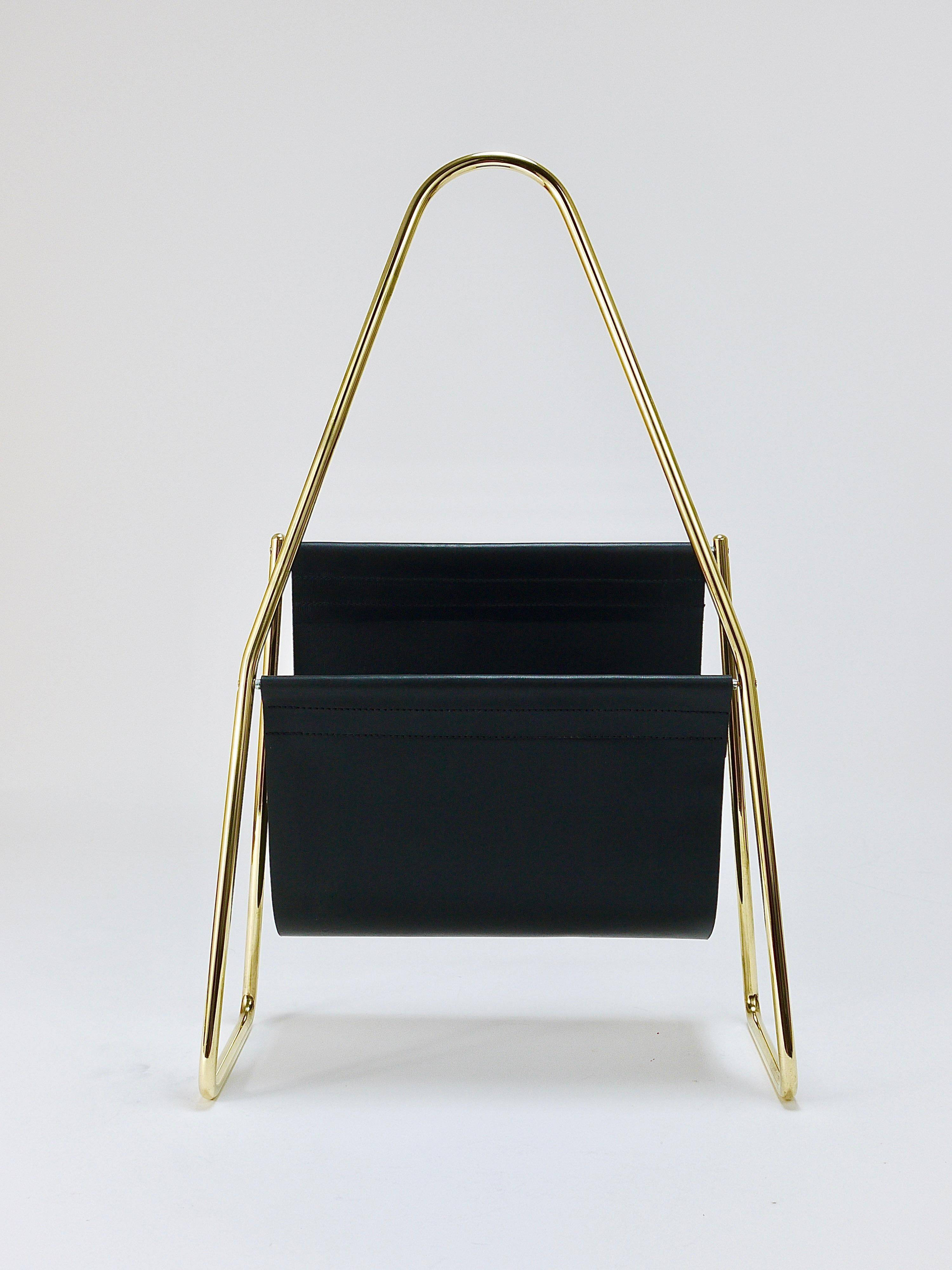Carl Auböck II Midcentury magazine rack, brass and black leather, vintage, Austria