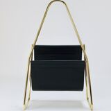 Carl Auböck II Midcentury magazine rack, brass and black leather, vintage, Austria