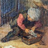 Painting "The schoolmaster" old copy of the Louvre of Mahudez cf. Van Ostade