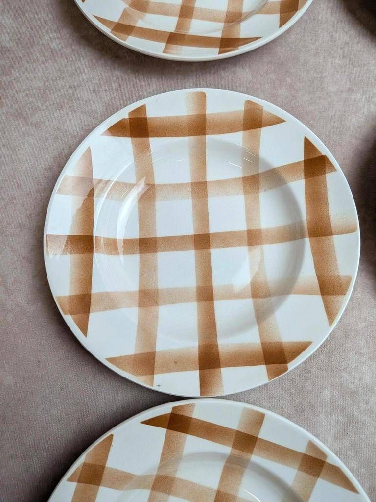 Set of 6 vintage deep plates Moulin des Loups – Checkered pattern