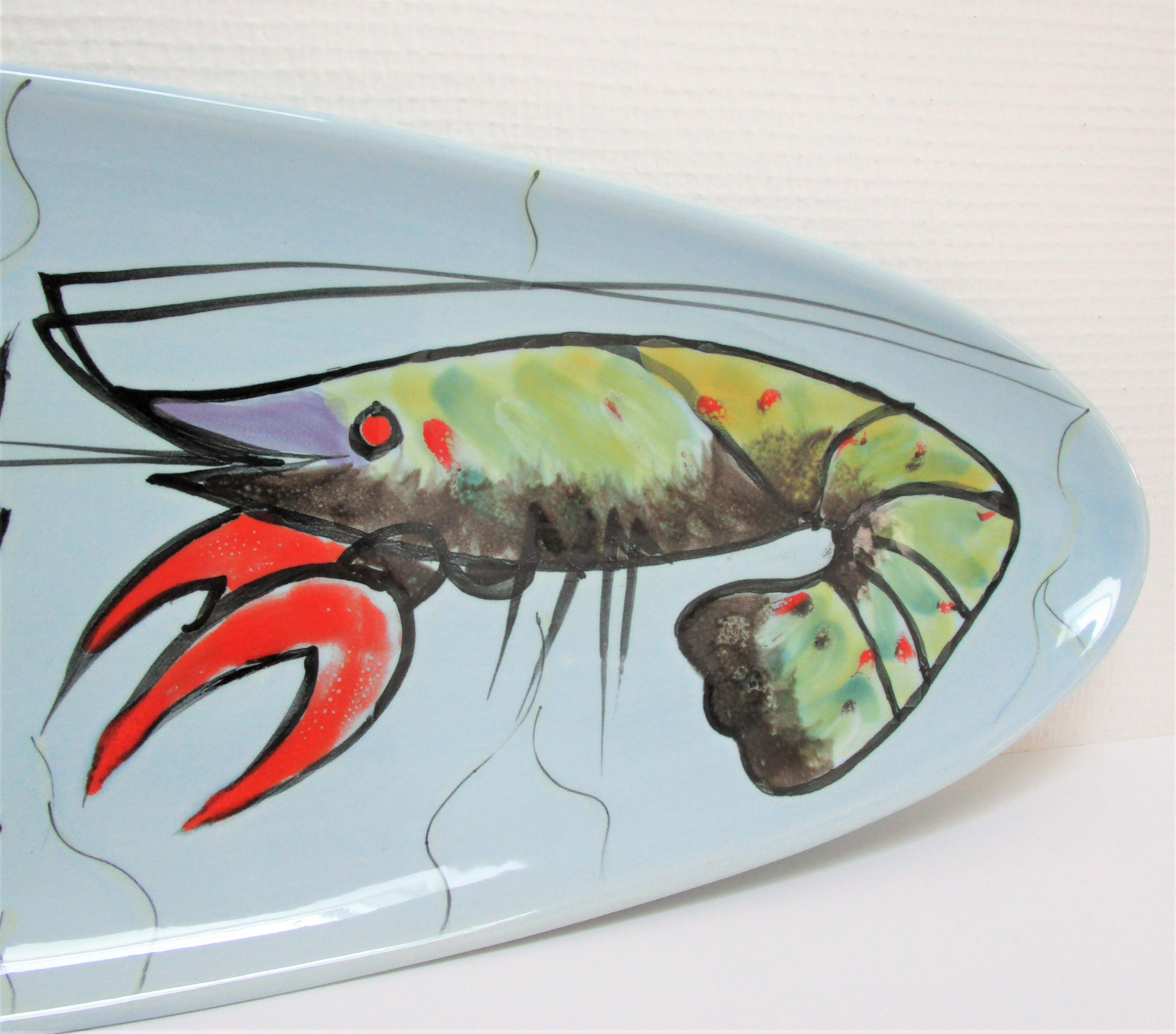 Dish and sausage fish crustaceans earthenware Pornic Bernard Serraz design 60s