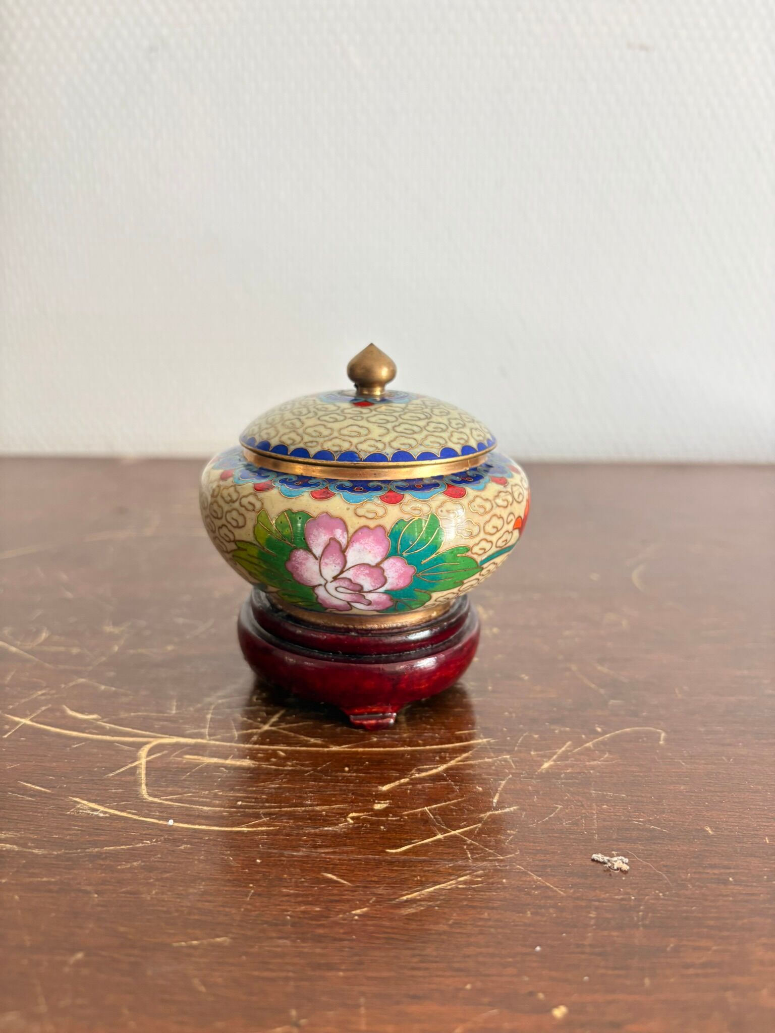 Antique Box Pot Lid Cloisonné Chinese Peony Jewellery Cosmetic