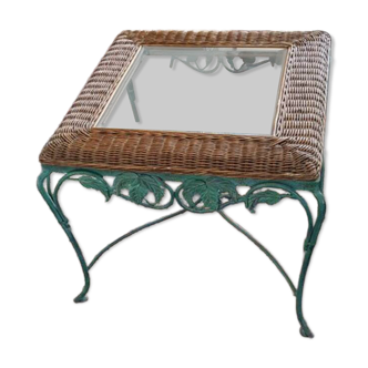 1970 metal, wicker, and glass coffee table