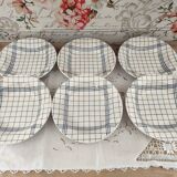 Set of 6 Gien France soup plates with blue checkered tea towel decoration