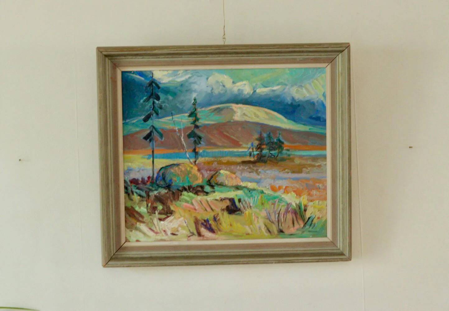Huile sur panneau originale du milieu du siècle – « Paysage avec montagne »