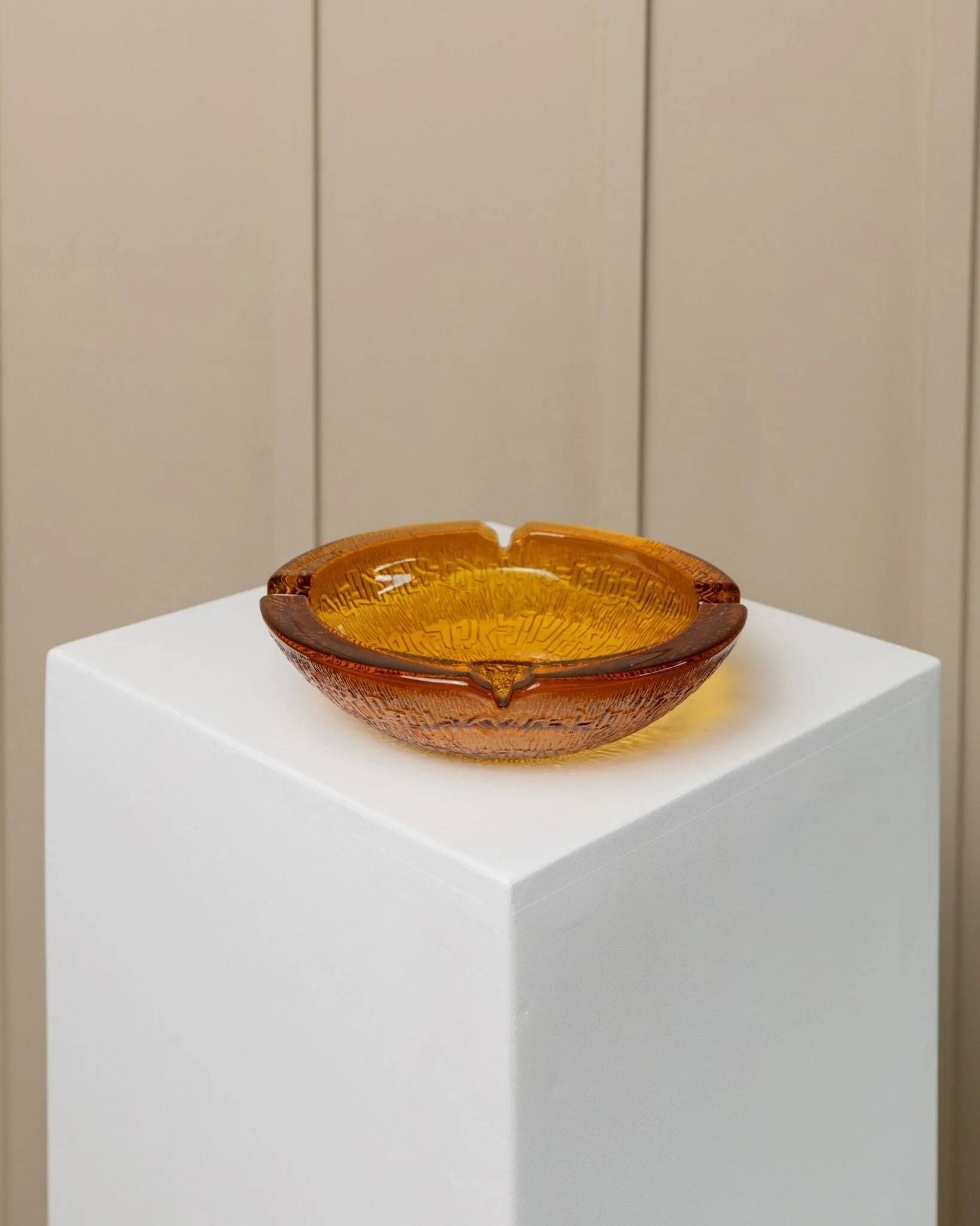 Amber Glass Ashtray - Vintage Textured Glass, Italy 1980s, Decorative Retro Gift