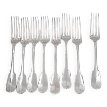 Christofle Cluny, 8 table forks, 20.5 cm, silver-plated metal, excellent condition.