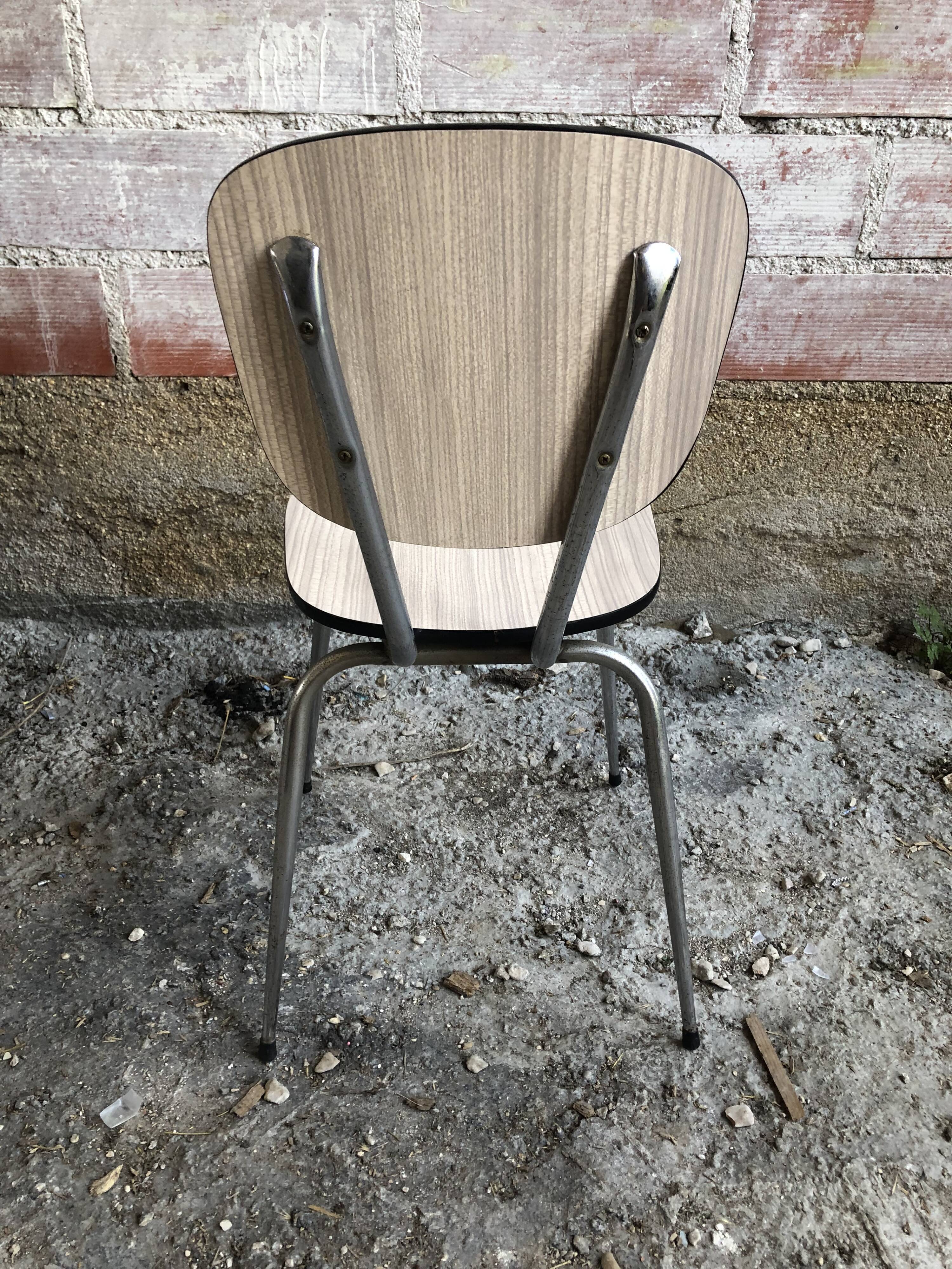 Series of 4 old formica chairs white grey + feet compass metal chrome 70's