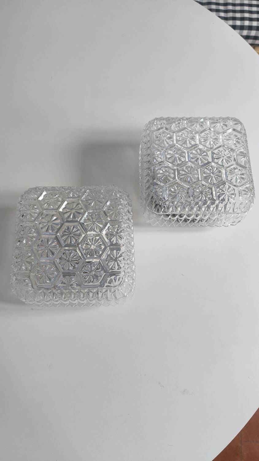 Pair of pressed glass wall lights, 1970