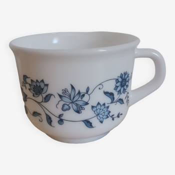 Large arcopal cup France Vintage silkscreened blue flower pattern