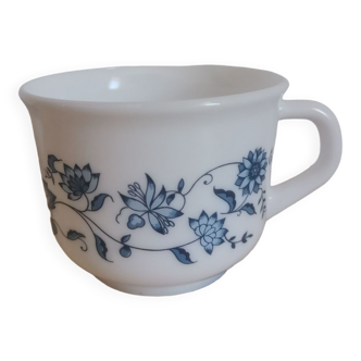 Large arcopal cup France Vintage silkscreened blue flower pattern