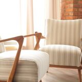 Scandinavian armchair in beige and white striped fabric