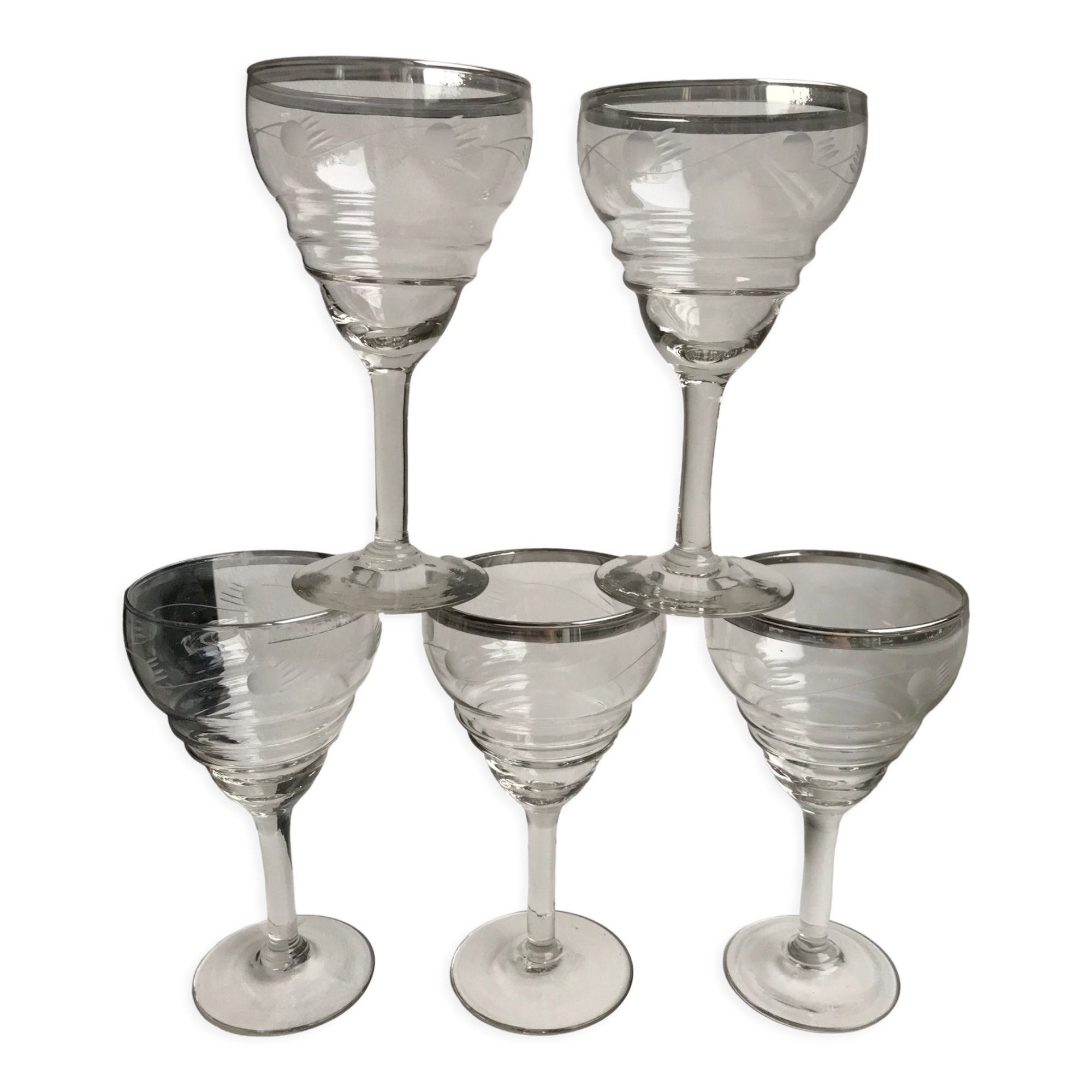 Set of 5 wine glasses in engraved crystal and silver edging 50s