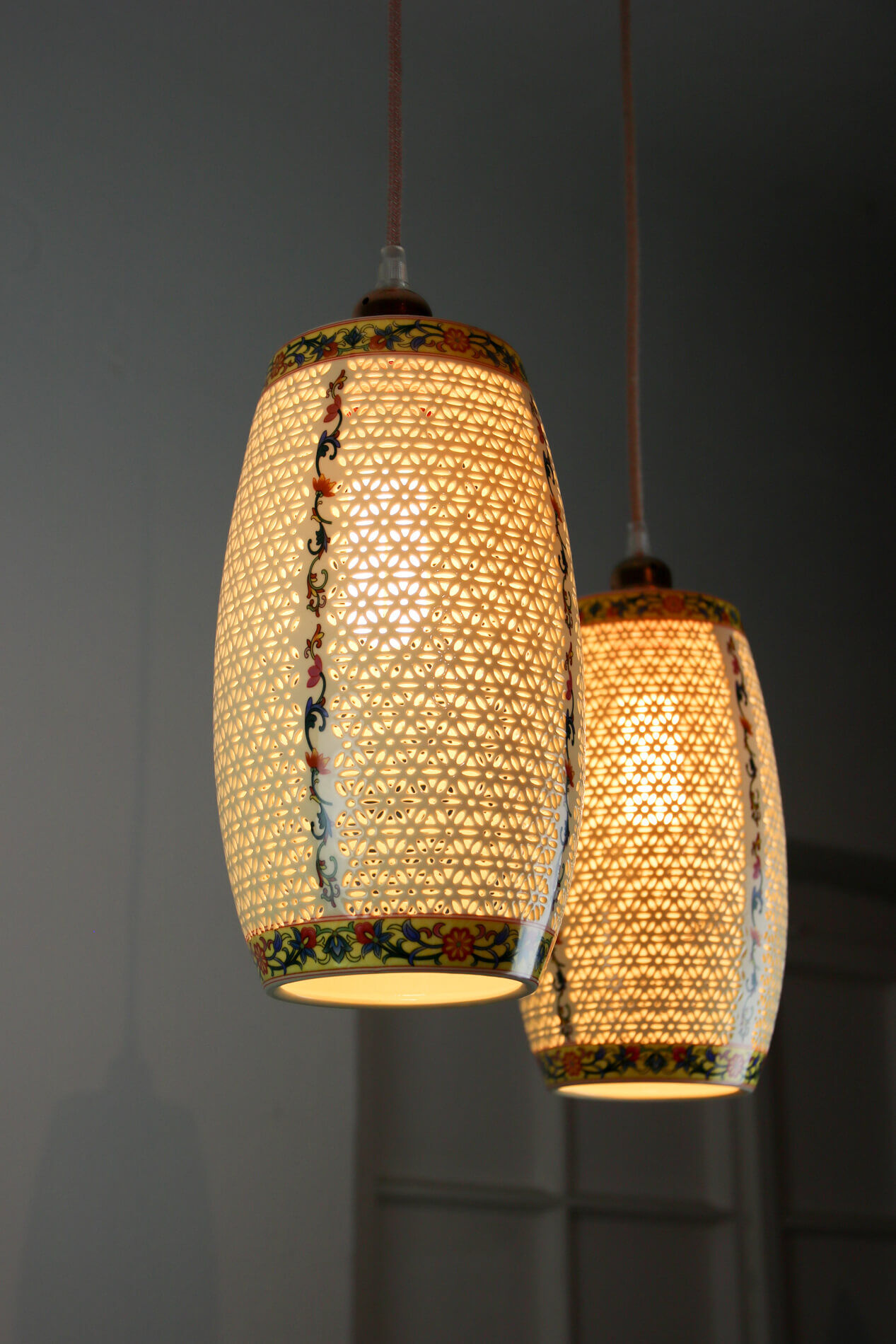 Pair of vintage oriental ceramic pendant lights, 1980s