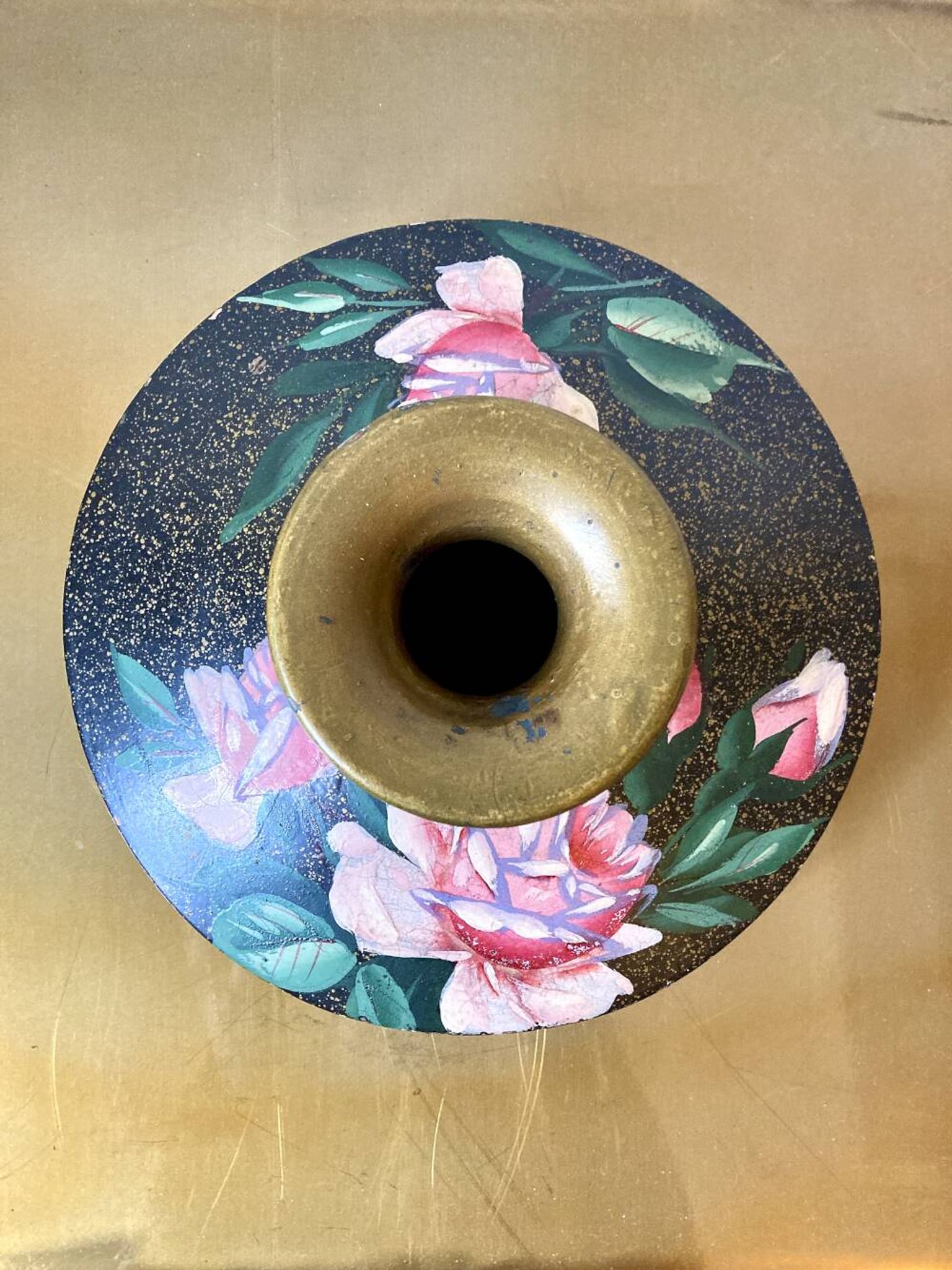 Painted terracotta vase signed with rose motifs, 1950s-1960s.