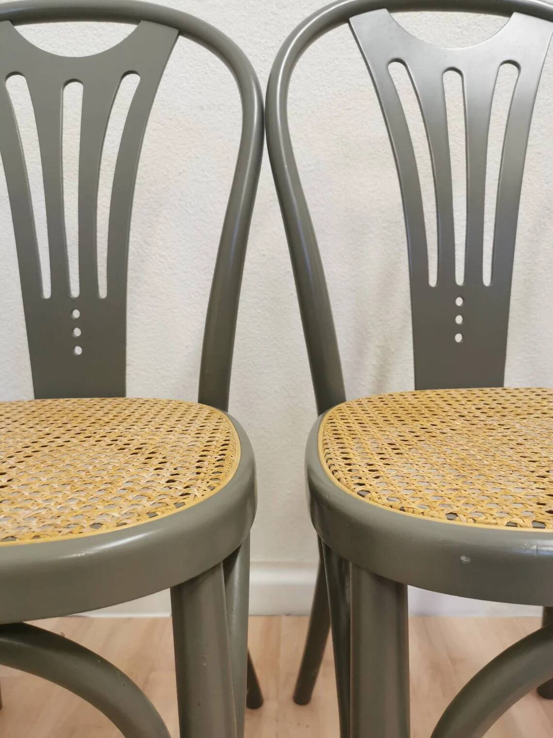 Set of 4 Vintage Gray Thonet Style Dining Chairs with Cane Seat