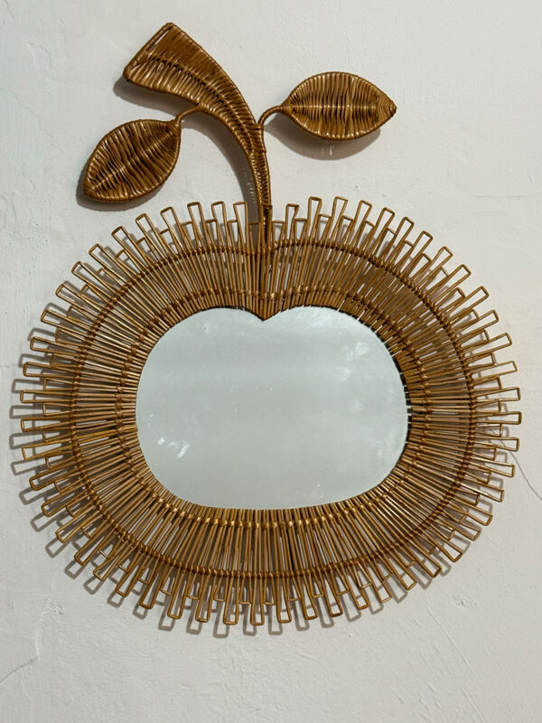 Miroir en Rotin de forme pomme des années 60 Italie