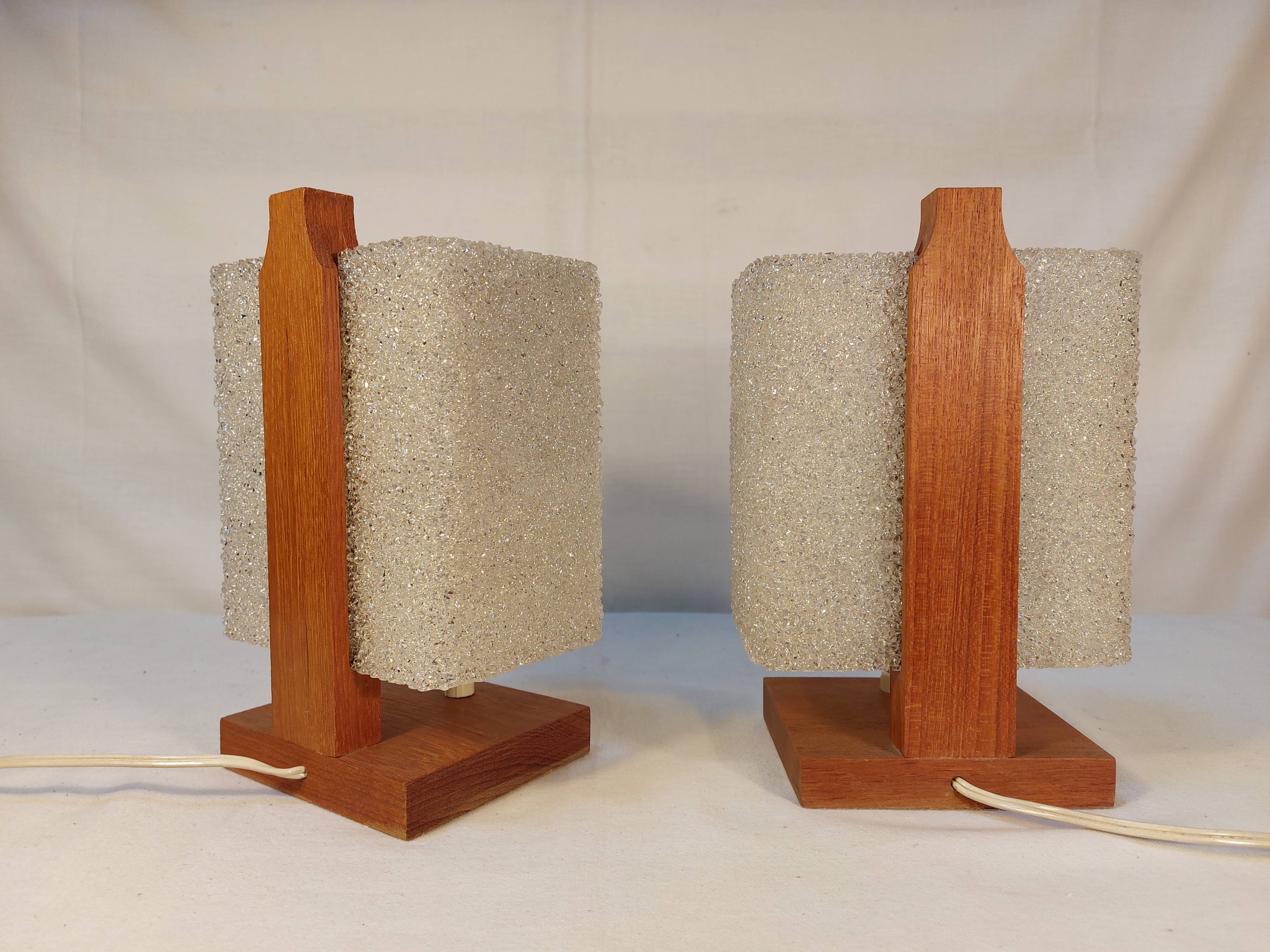 Pair of vintage Scandinavian table lamps in teak and Perspex