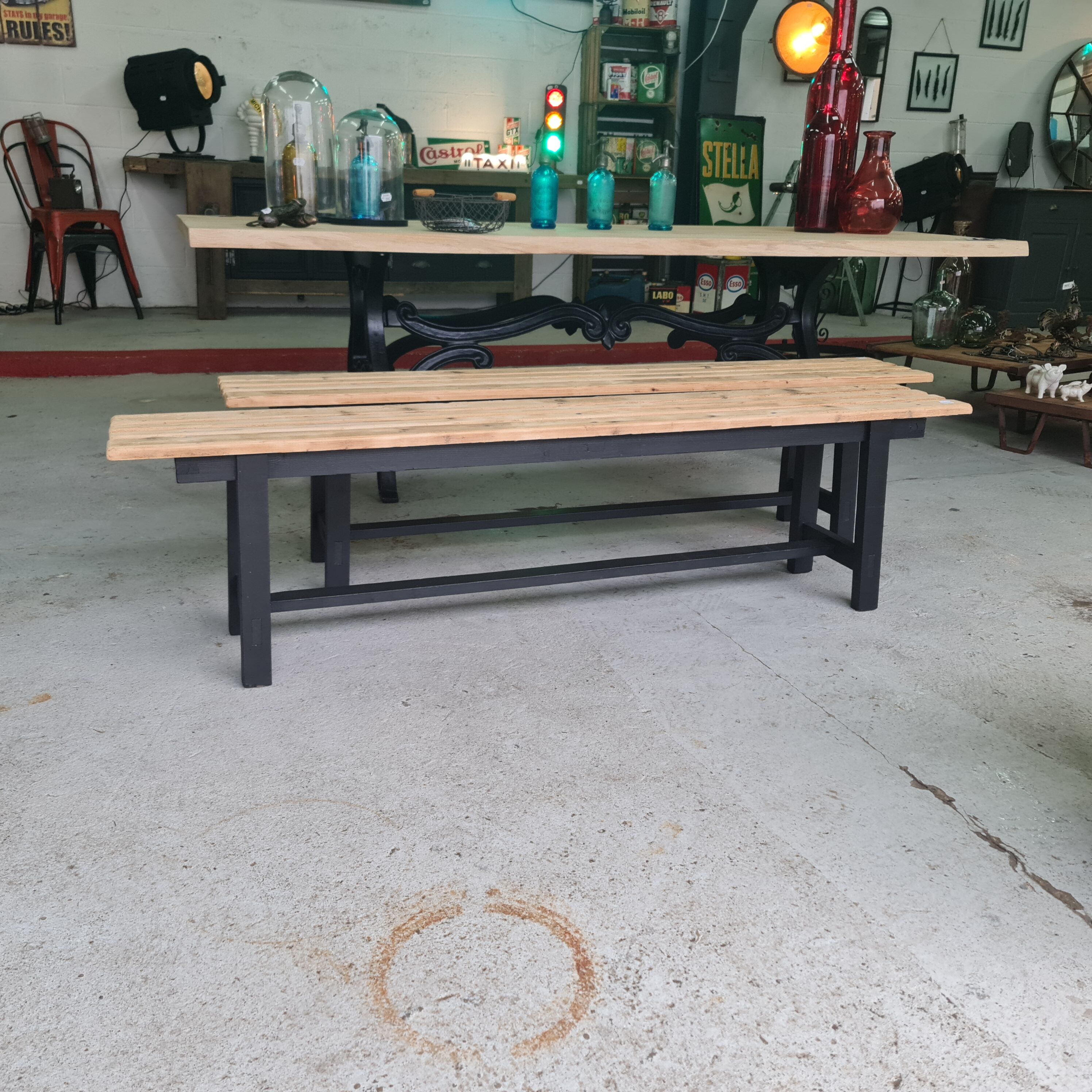 Pair old bench in industrial and vintage pine