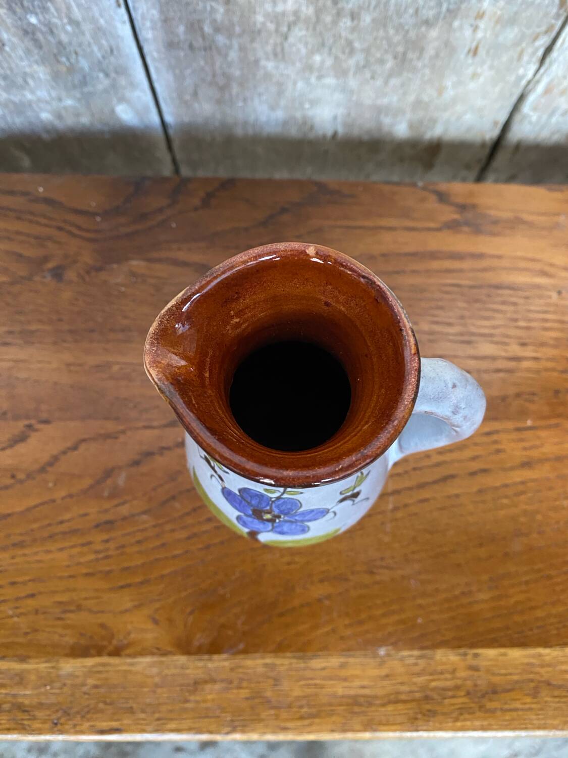 Antique grey enameled terracotta pitcher flower decor vintage kitchen