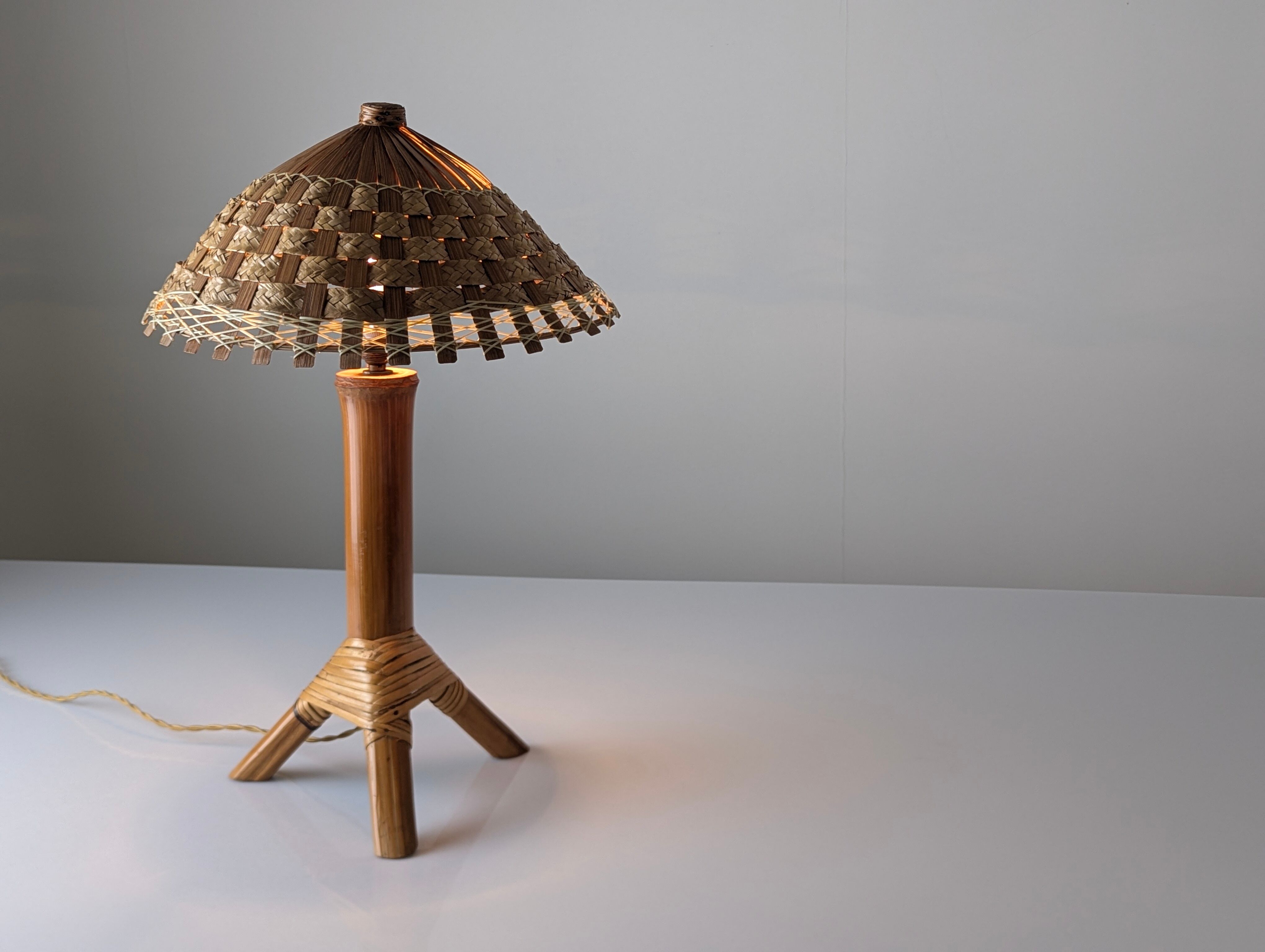 Bamboo and rattan table lamp with woven shade, 1950s
