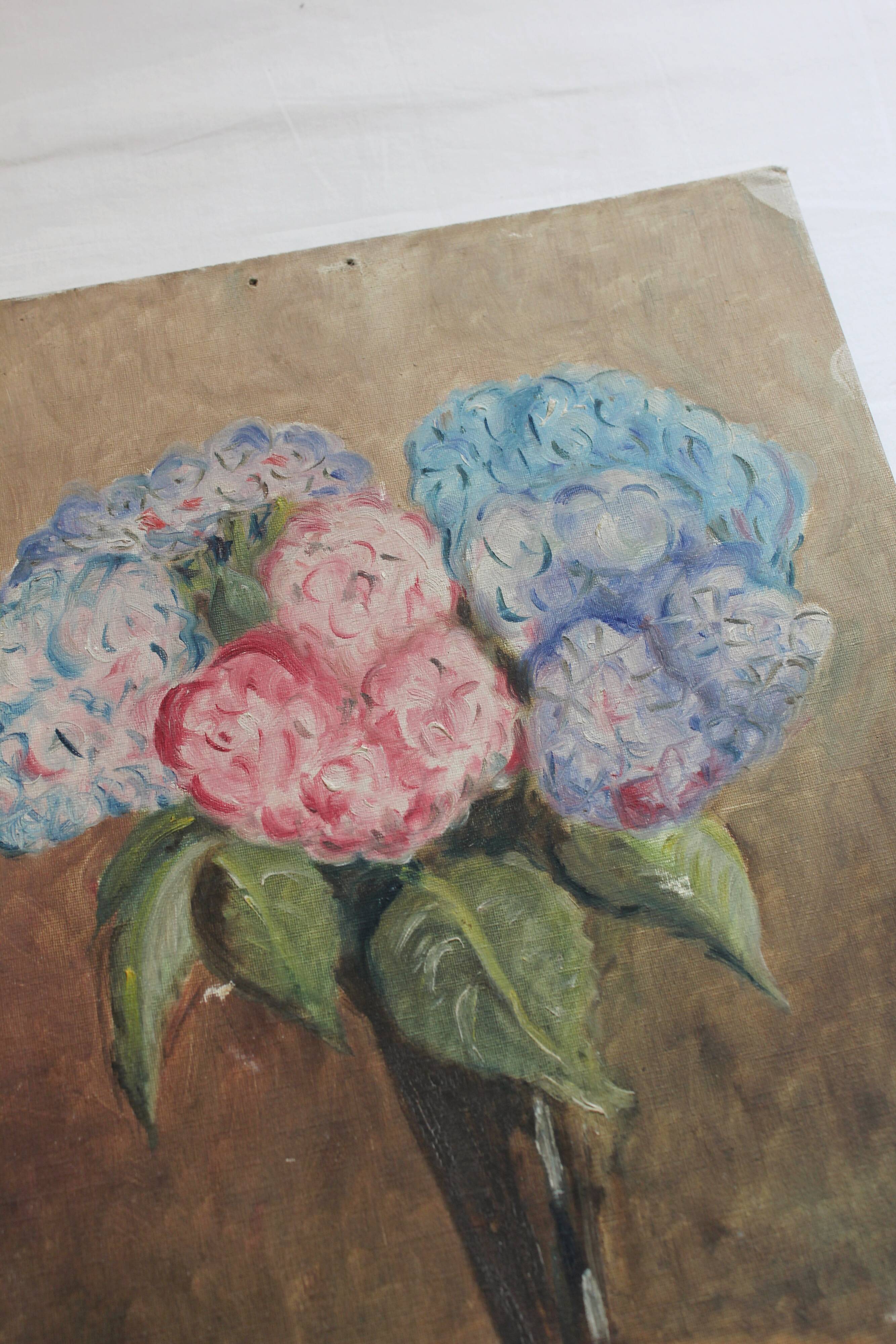 Antique oil painting on cardboard, bouquet of flowers