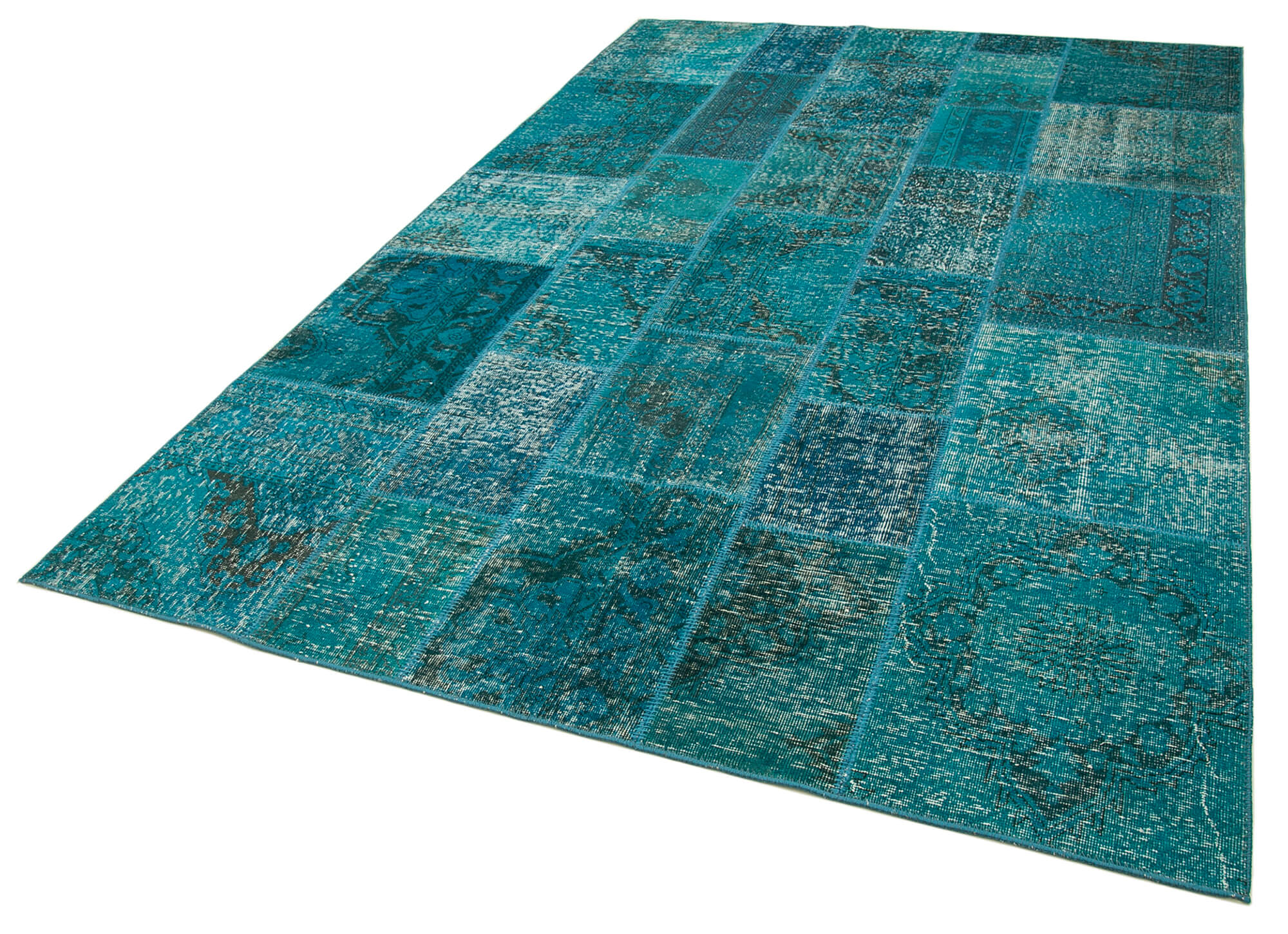 Hand-knotted oriental overdyed 200 cm x 298 cm turquoise patchwork rug