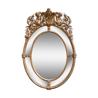 Important Oval Mirror with Beads in Wood and Golden Stucco, Louis XV / Louis XVI Transition Style