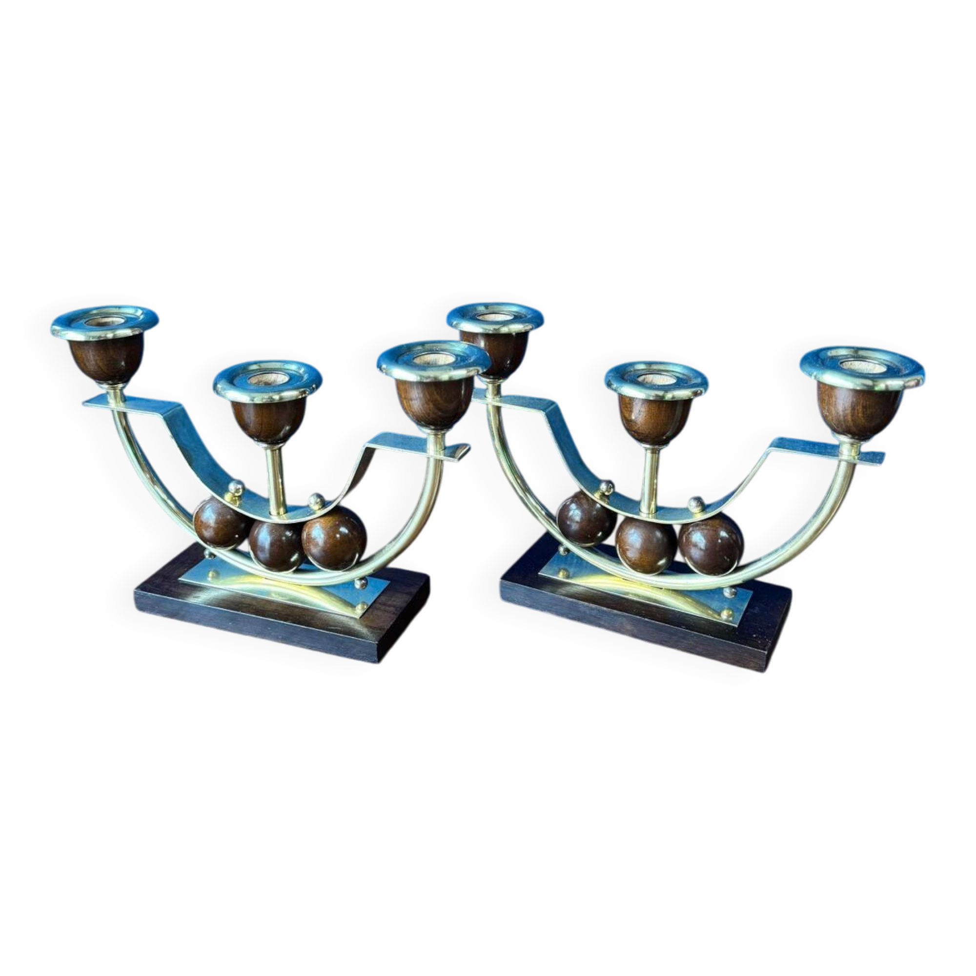 Pair of Art Deco candlesticks in brass and varnished wood, 1930s/1940s