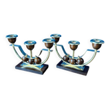 Pair of Art Deco candlesticks in brass and varnished wood, 1930s/1940s