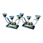 Pair of Art Deco candlesticks in brass and varnished wood, 1930s/1940s